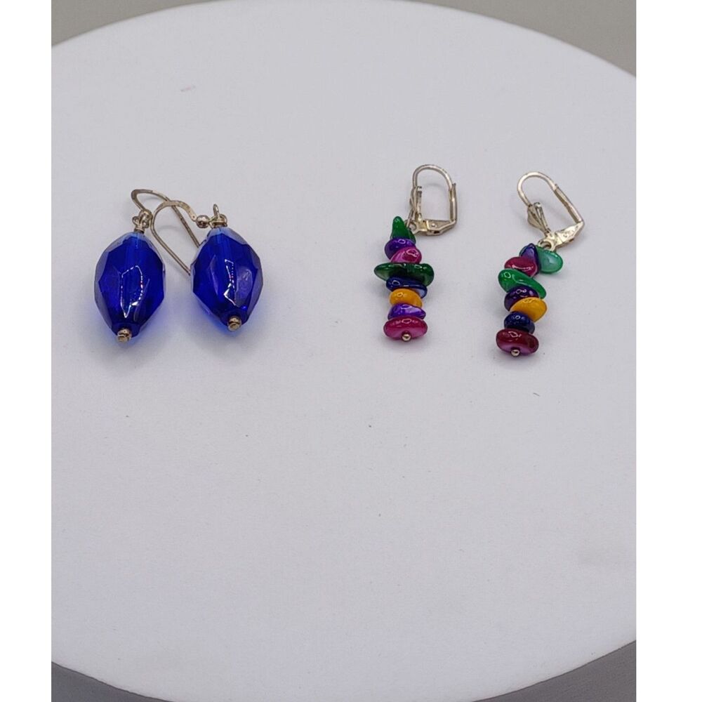 Vintage Earrings Royal Blue Teardrop Faceted Glass an Colorful Stone Drop Dangle